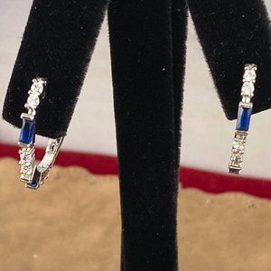 Blue and White CZ Hinged Silver Plated Hoop Earrings